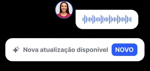Notificação com foto de mulher, waveform de áudio e texto 'Nova atualização disponível'.