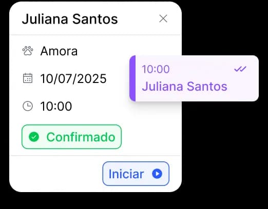 Cartão de agendamento mostrando cliente Juliana Santos, pet Amora e horário confirmado